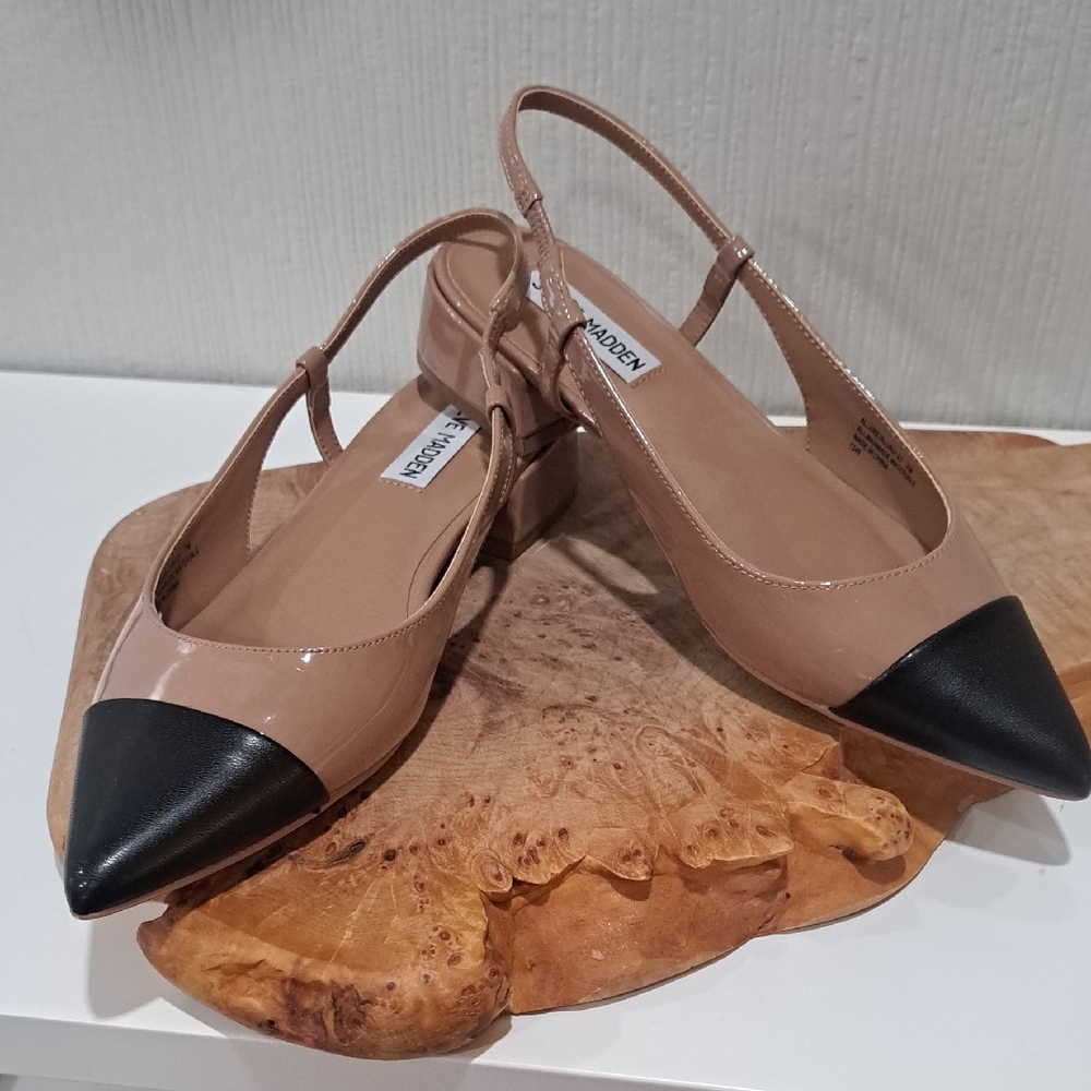 Steve Madden Nude Slingback Pointed-Toe Pumps with Black Cap And Blovk Heel